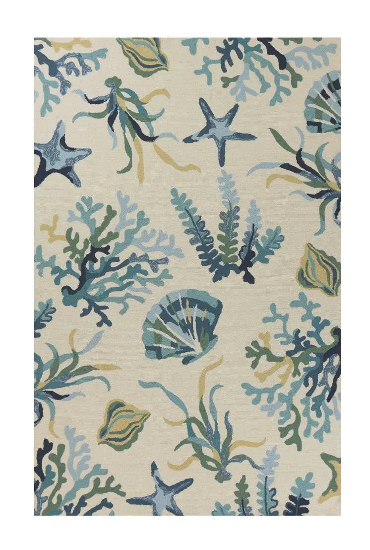 5' X 8' Ivory And Blue Floral Handmade Indoor Outdoor Area Rug