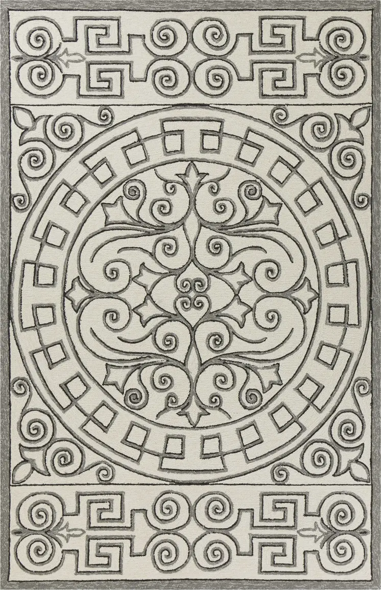 5' X 8' Gray And Ivory Damask Indoor Outdoor Area Rug