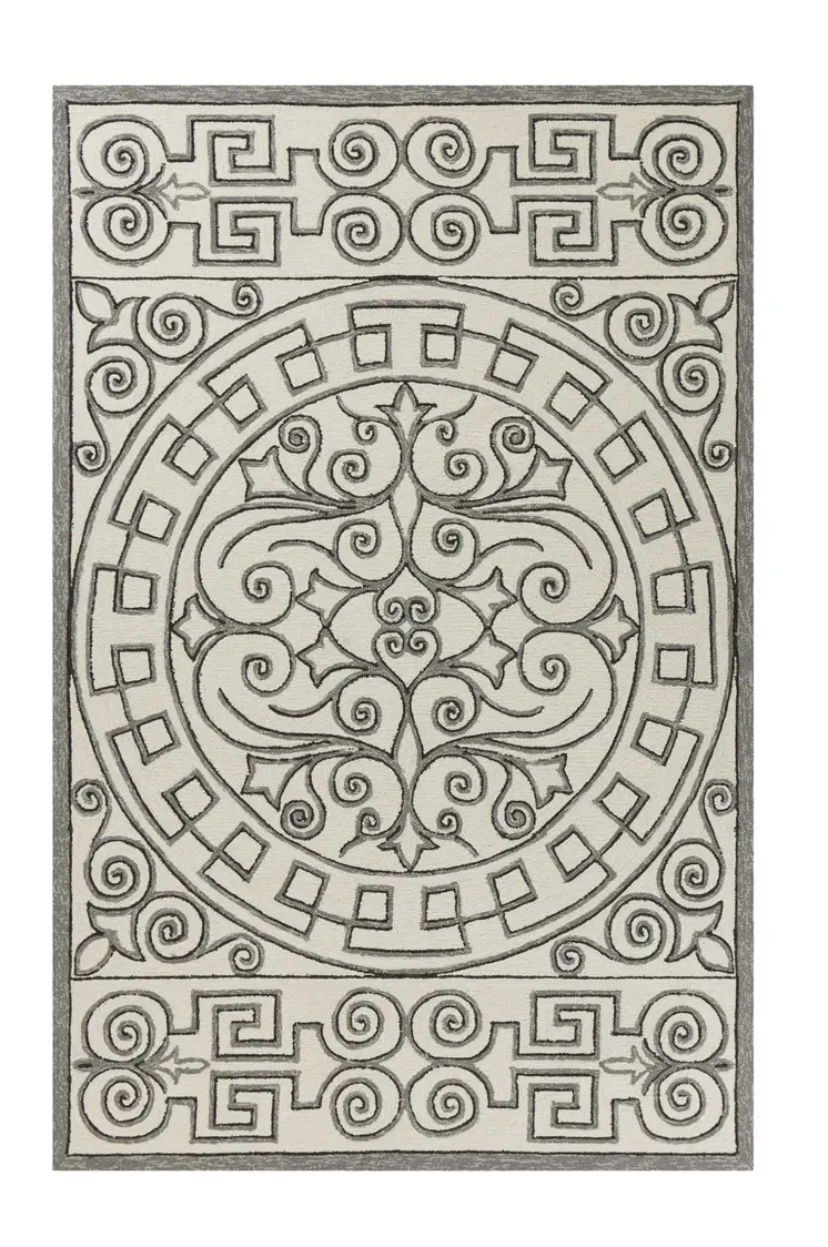 5' X 8' Gray And Ivory Damask Indoor Outdoor Area Rug