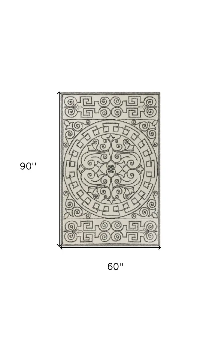 5' X 8' Gray And Ivory Damask Indoor Outdoor Area Rug