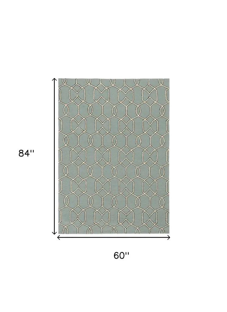 5' X 7' Green and Ivory Geometric Hand Hooked Area Rug