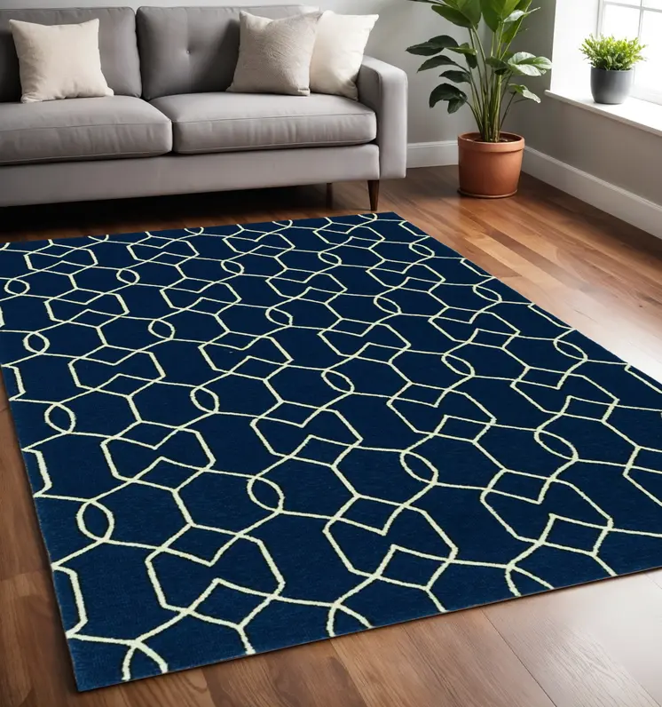 5' X 7' Navy Blue And Ivory Geometric Hand Hooked Area Rug