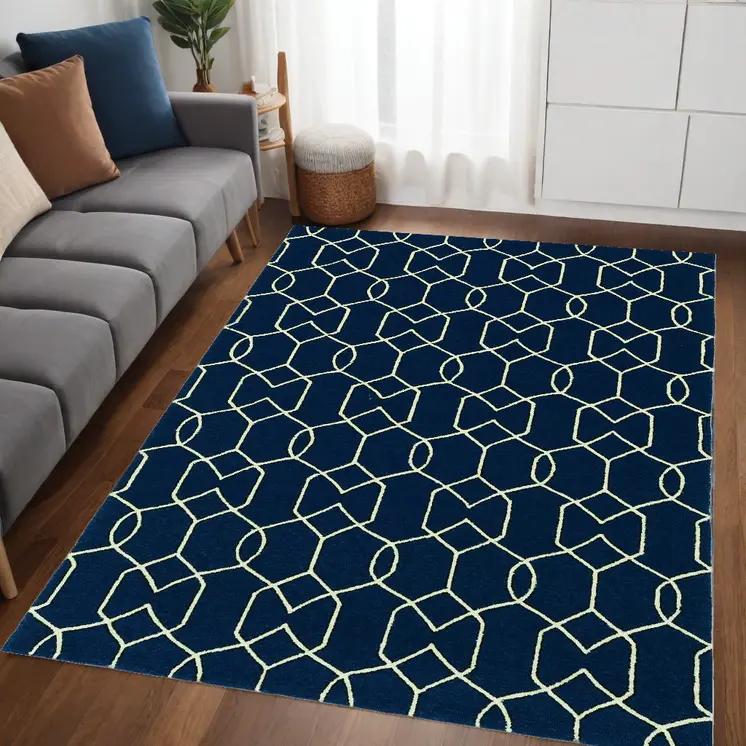 5' X 7' Navy Blue Geometric Hand Hooked Area Rug