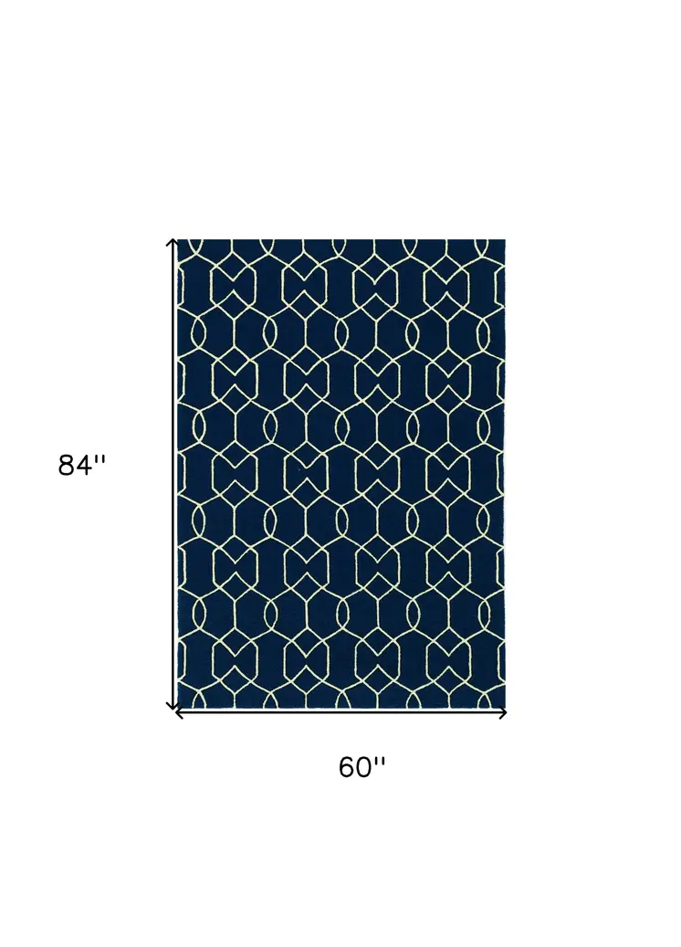 5' X 7' Navy Blue Geometric Hand Hooked Area Rug