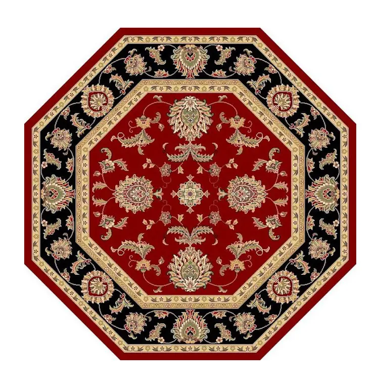 7' Red And Black Floral Medallion Octagon Rug
