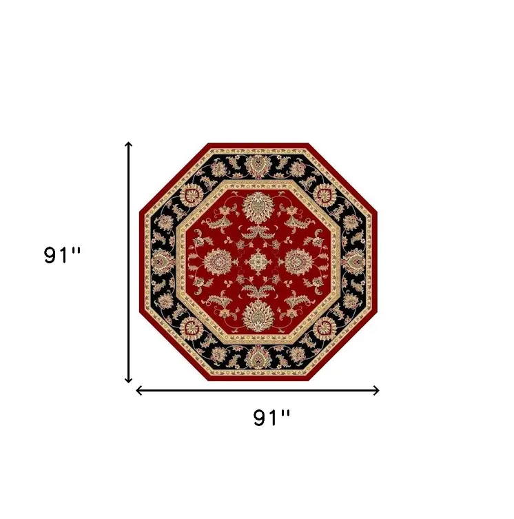 7' Red And Black Floral Medallion Octagon Rug