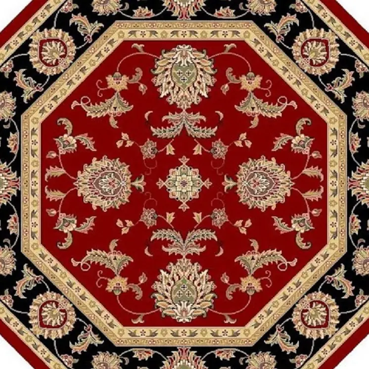 7' Red Black And Gold Floral Medallion Octagon Rug
