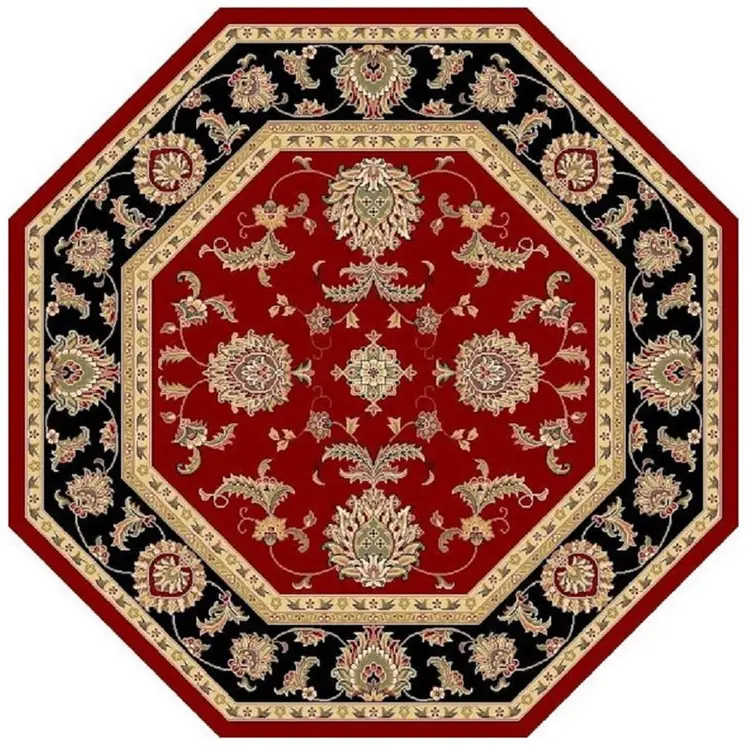 7' Red Black And Gold Floral Medallion Octagon Rug