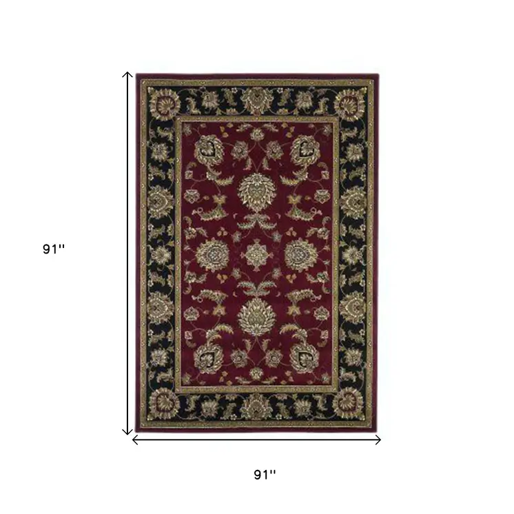 8' Red And Black Floral Vines Octagon Rug