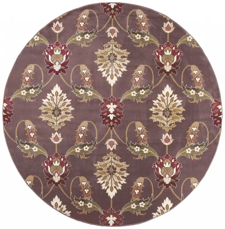 7' Plum And Purple Floral Octagon Rug