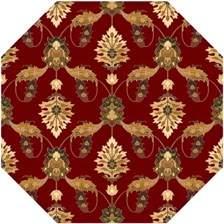 7' Red Beige And Brown Floral Vines Octagon Rug