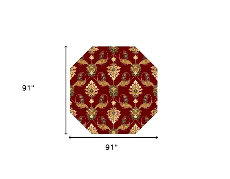8' Red Floral Vines Octagon Rug
