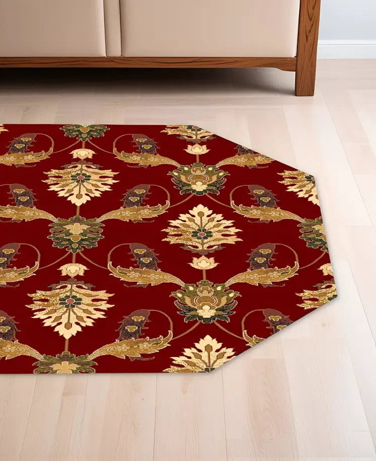 8' Red Floral Vines Octagon Rug