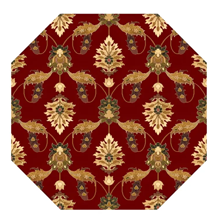 8' Red Floral Vines Octagon Rug