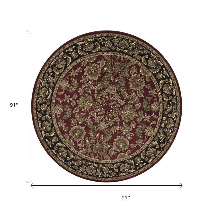 8' Red And Black Floral Vines Octagon Rug