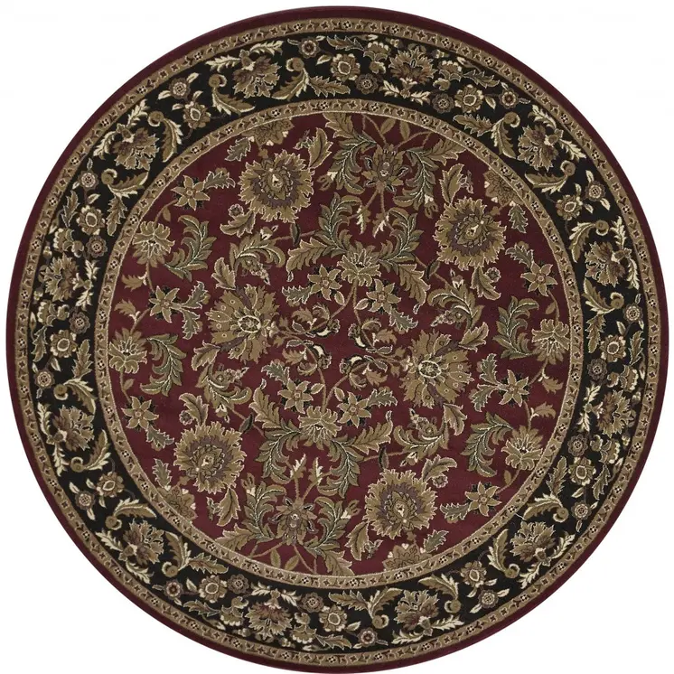 8' Red And Black Floral Vines Octagon Rug