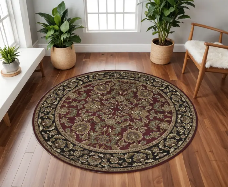 8' Red And Black Floral Vines Octagon Rug