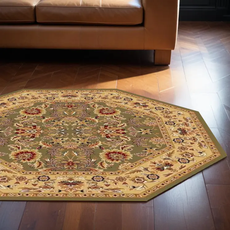 7' Green And Taupe Floral Octagon Rug