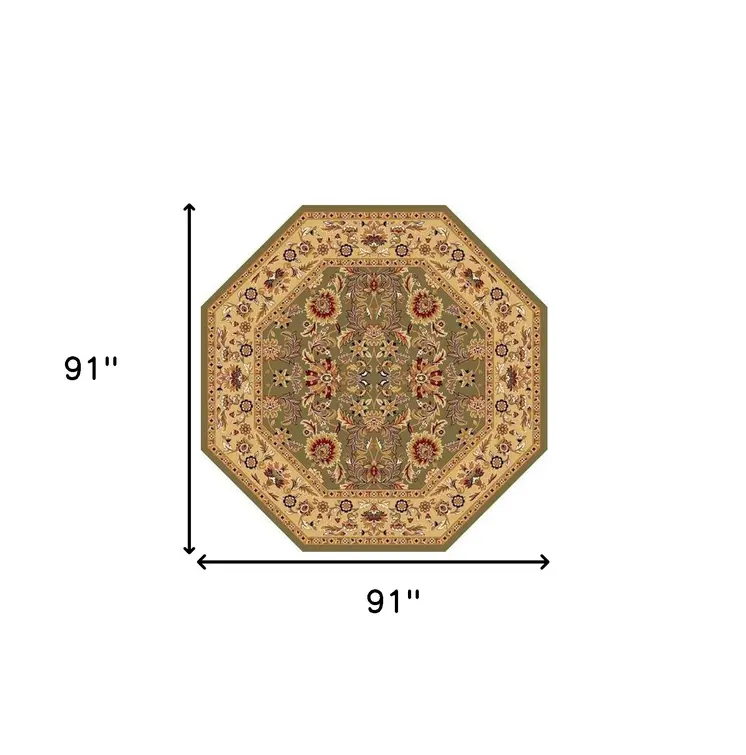 7' Green And Taupe Floral Octagon Rug