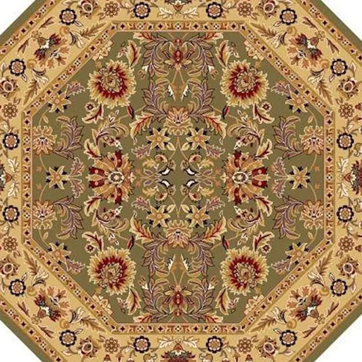7' Green And Taupe Floral Octagon Rug