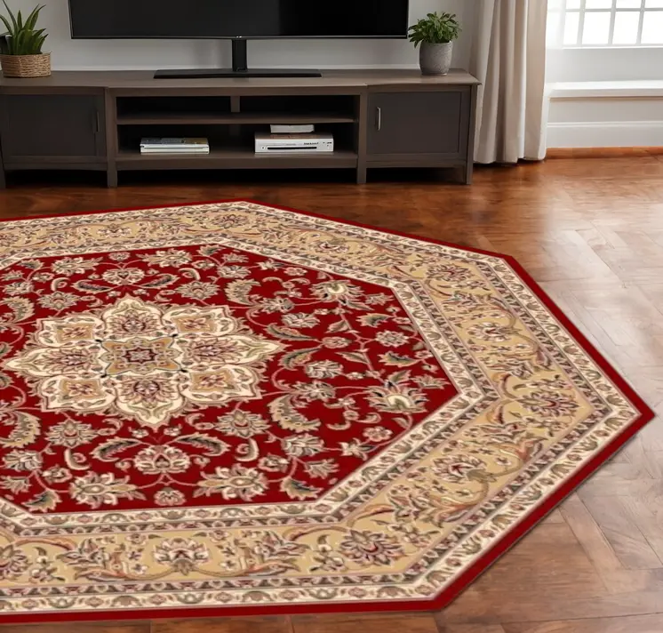 8' Red And Beige Medallion Octagon Rug