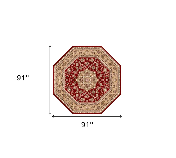 8' Red And Beige Medallion Octagon Rug