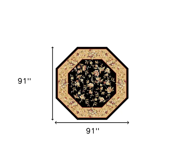 7' Beige And Black Floral Octagon Rug