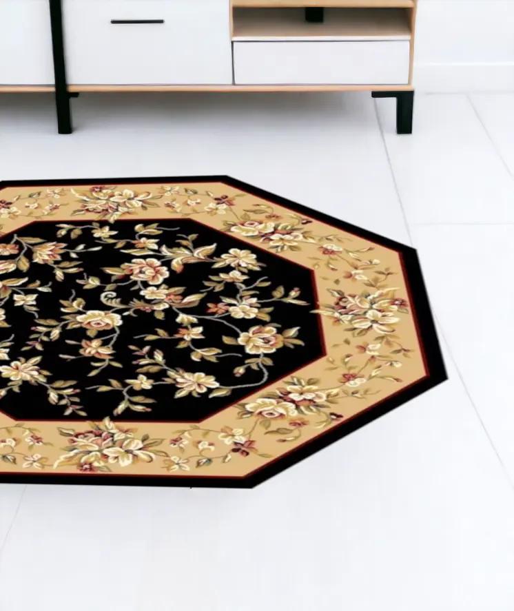 7' Beige And Black Floral Octagon Rug