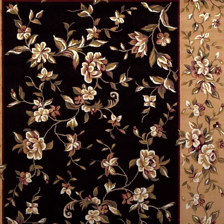 7' Beige And Black Floral Octagon Rug