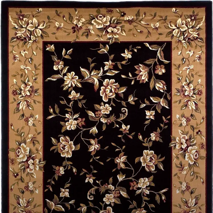 7' Beige And Black Floral Octagon Rug