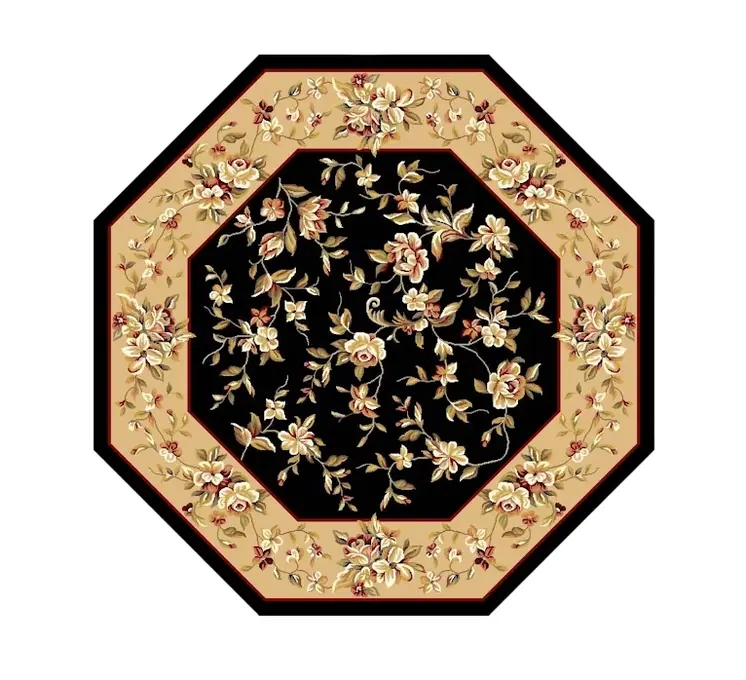 7' Beige And Black Floral Octagon Rug