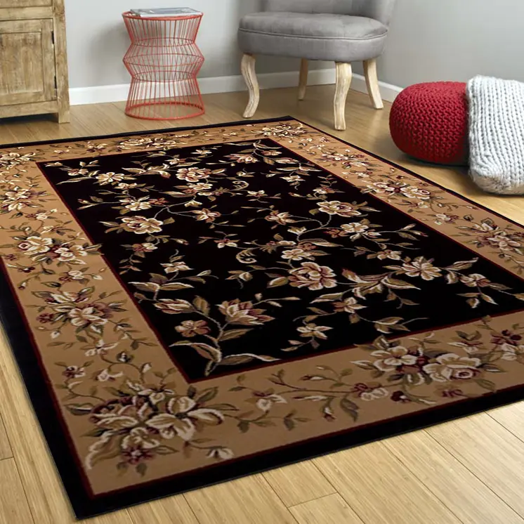 8' Beige And Black Floral Vines Octagon Rug