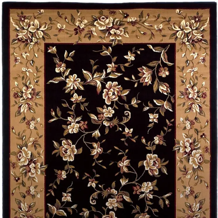 8' Beige And Black Floral Vines Octagon Rug