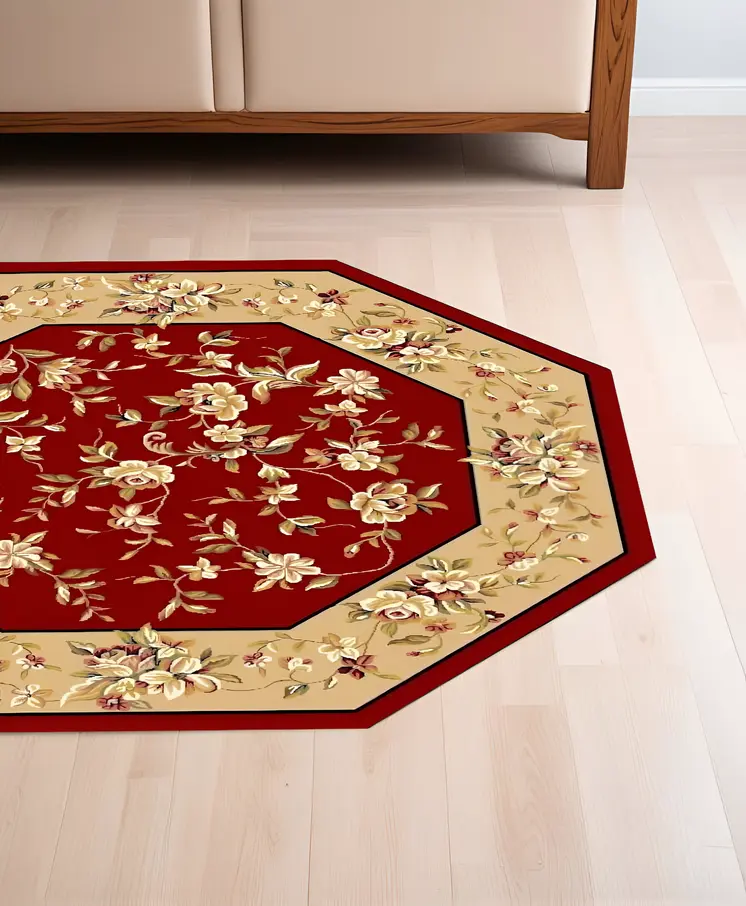 7' Red And Beige Floral Octagon Rug
