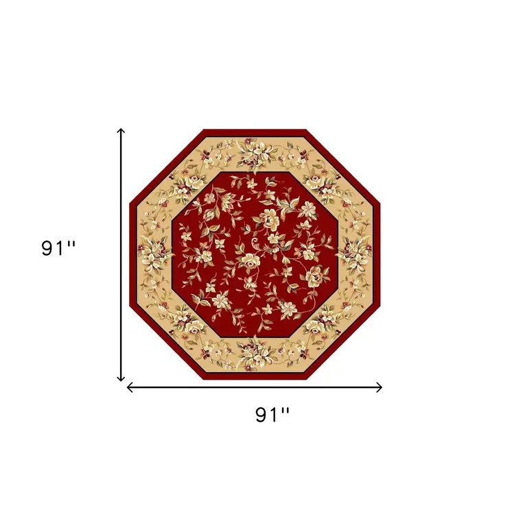 7' Red And Beige Floral Octagon Rug