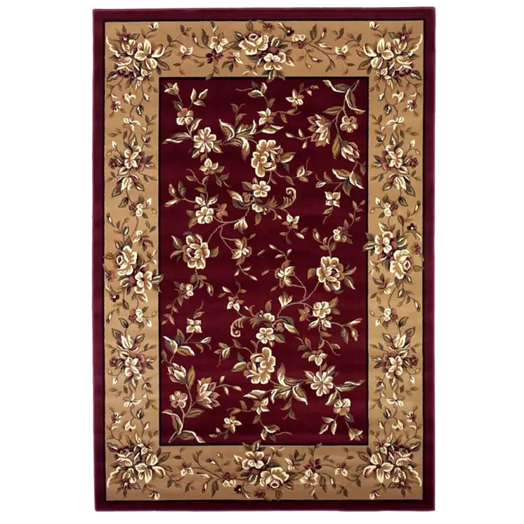 8' Red And Beige Floral Vines Octagon Rug