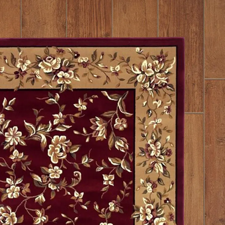 8' Red And Beige Floral Vines Octagon Rug
