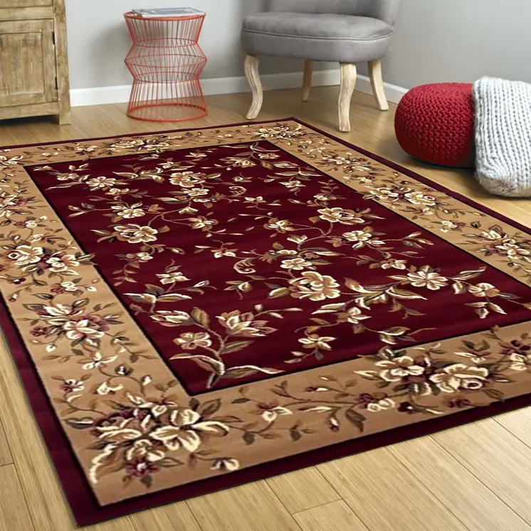 8' Red And Beige Floral Vines Octagon Rug