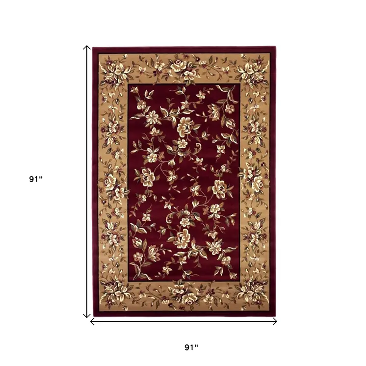 8' Red And Beige Floral Vines Octagon Rug