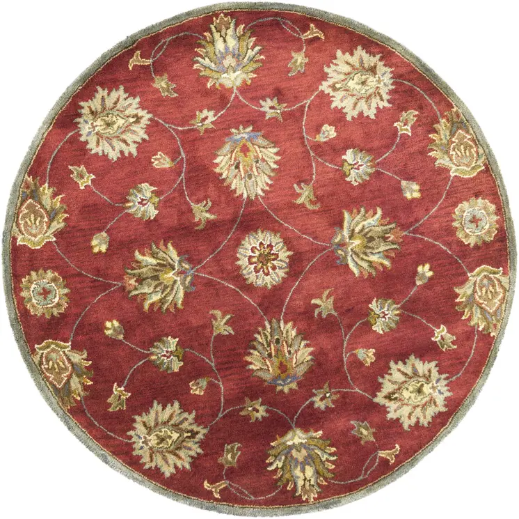 5' Red Wool Floral Hand Tufted Round Rug
