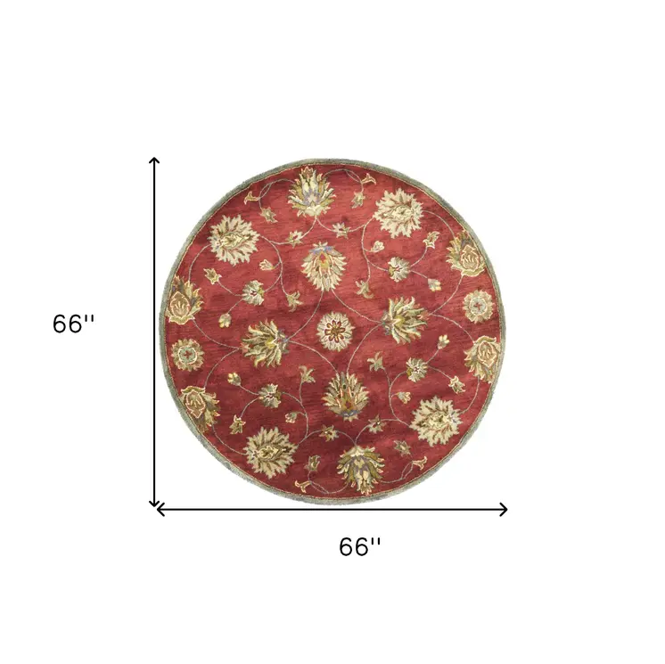 5' Red Wool Floral Hand Tufted Round Rug
