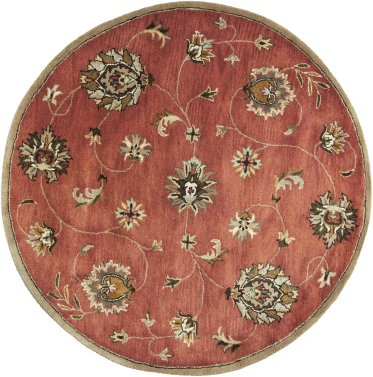 6' Sienna Gold And Green New Zealand Lambs Wool Floral Hand Tufted Round Rug