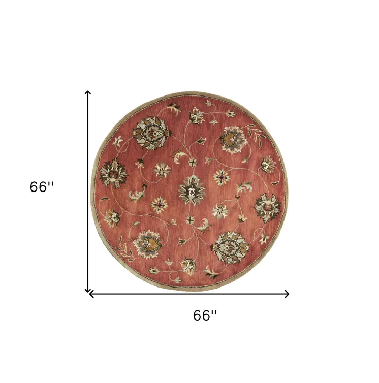 6' Sienna Gold And Green New Zealand Lambs Wool Floral Hand Tufted Round Rug