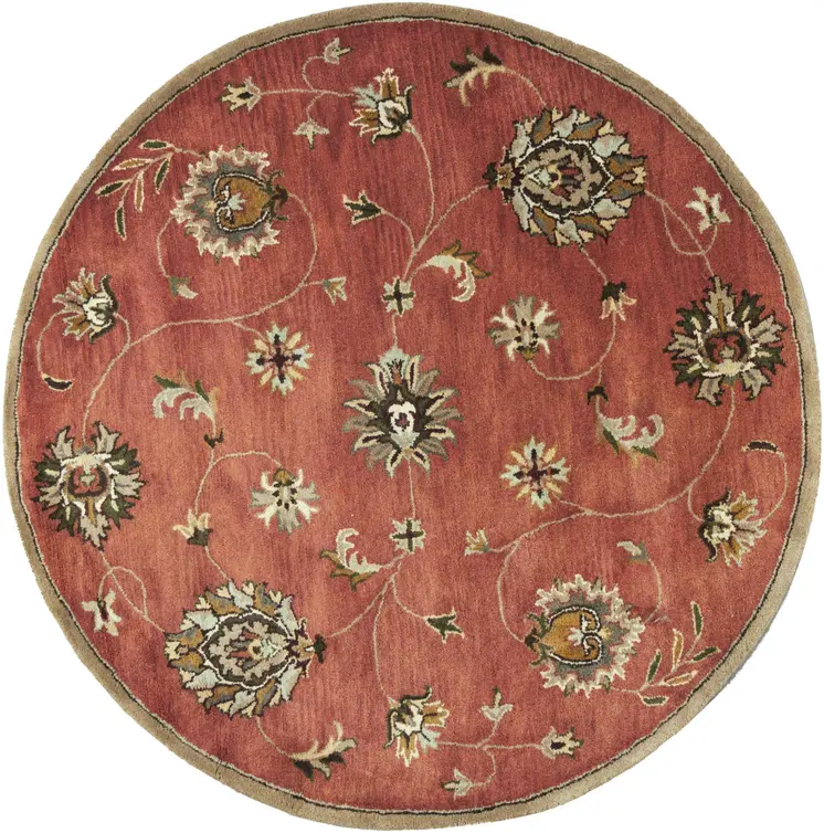 6' Sienna Gold And Green New Zealand Lambs Wool Floral Hand Tufted Round Rug