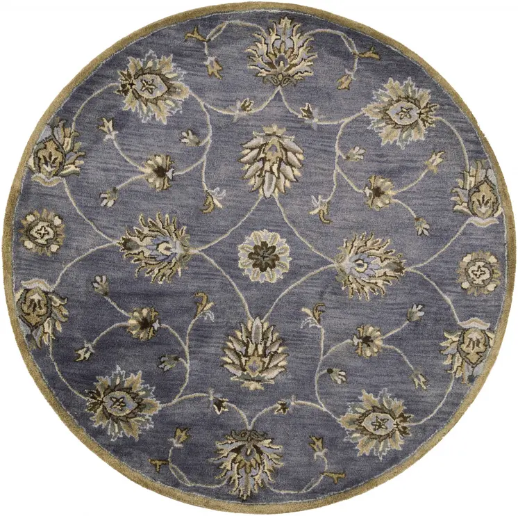 6' Midnight And Yellow New Zealand Lambs Wool Floral Hand Tufted Round Rug