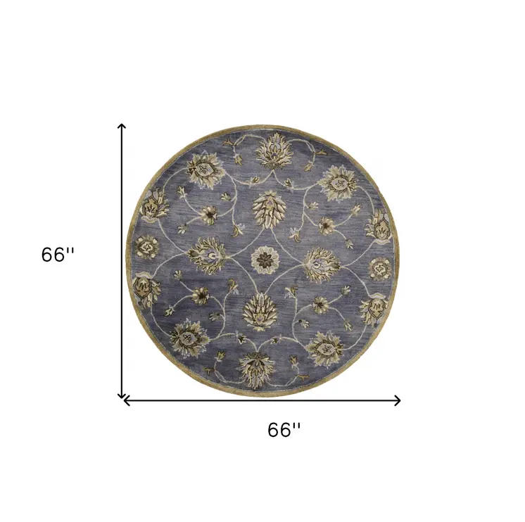 6' Midnight And Yellow New Zealand Lambs Wool Floral Hand Tufted Round Rug