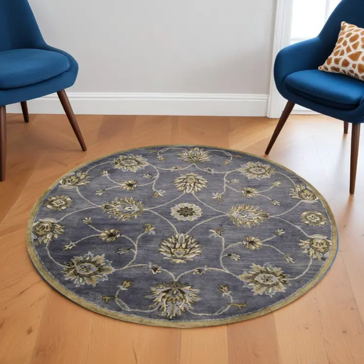 6' Midnight And Yellow New Zealand Lambs Wool Floral Hand Tufted Round Rug