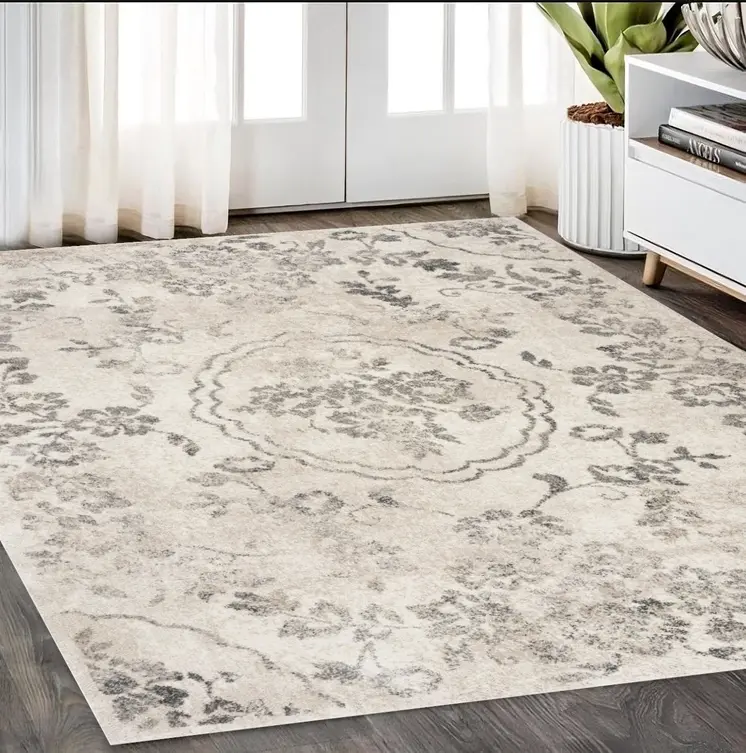 5' X 8' Gray And Dark Gray Floral Distressed Area Rug
