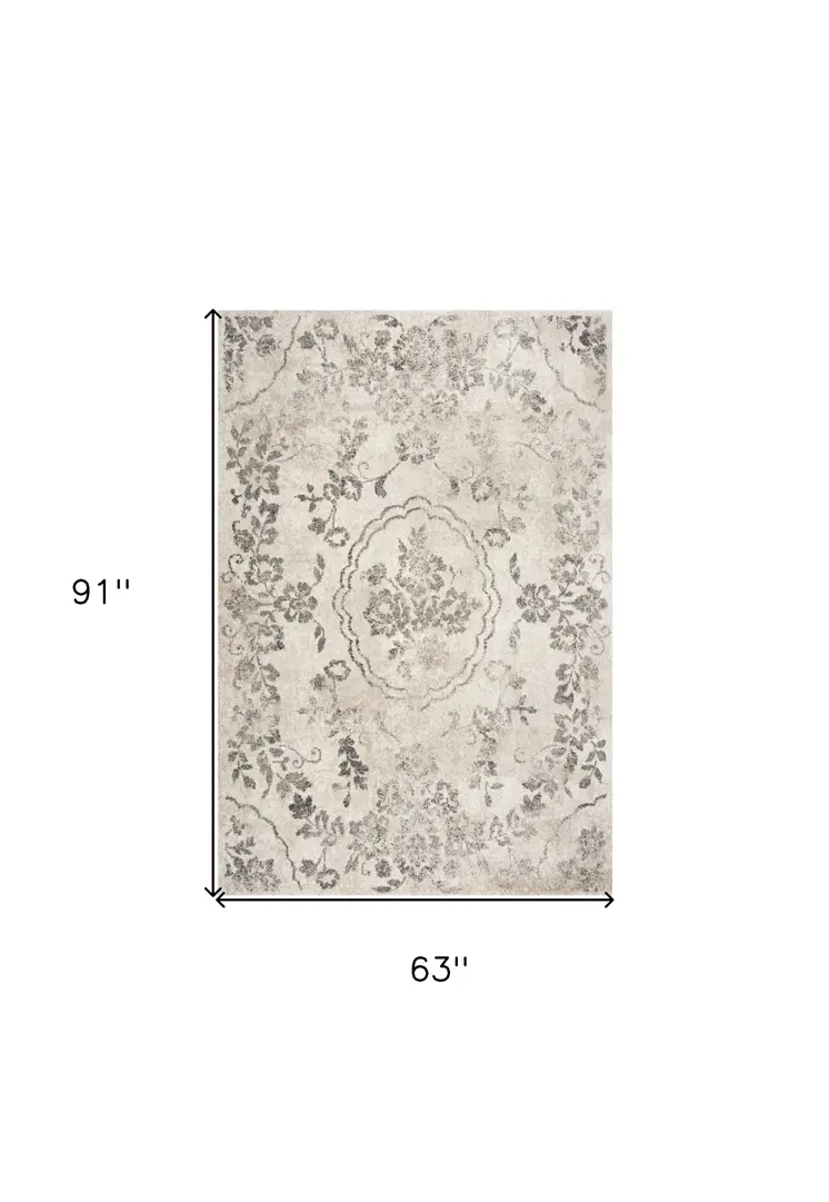 5' X 8' Gray And Dark Gray Floral Distressed Area Rug