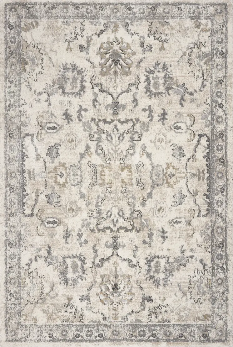 5' X 8' Ivory Machine Woven Distressed Floral Traditional Indoor Runner Rug